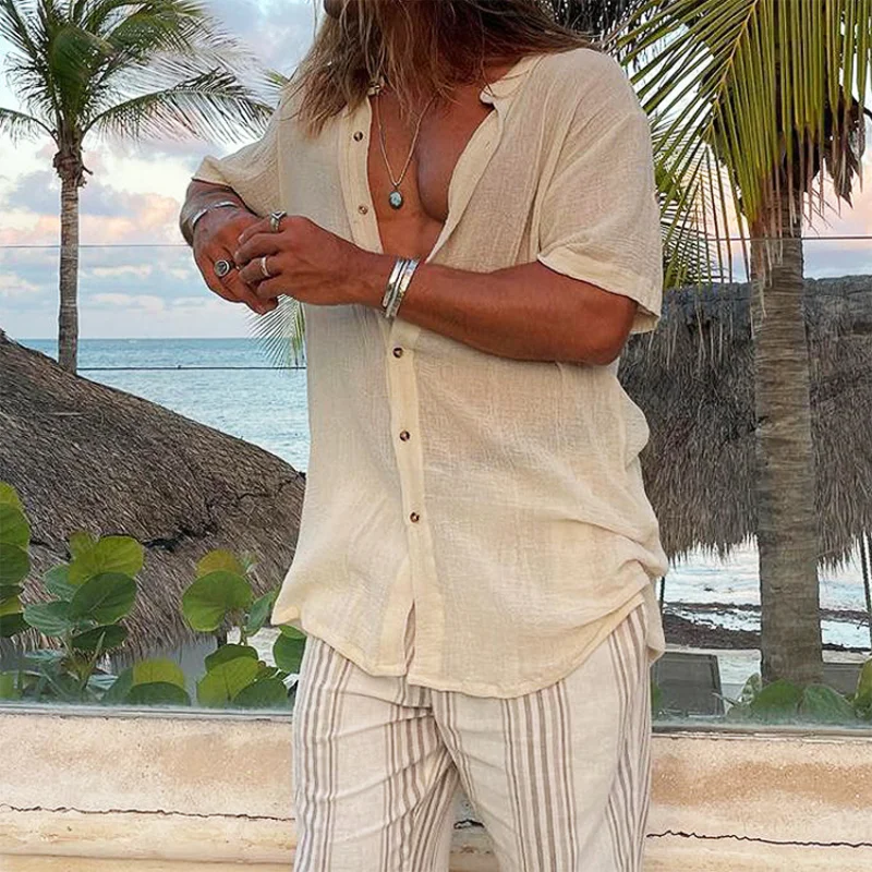 

Men Clothing 2022 Men's European American Simple Cotton and Linen Solid Color Short-sleeved Shirts Beach Wind Men Simple Shirt
