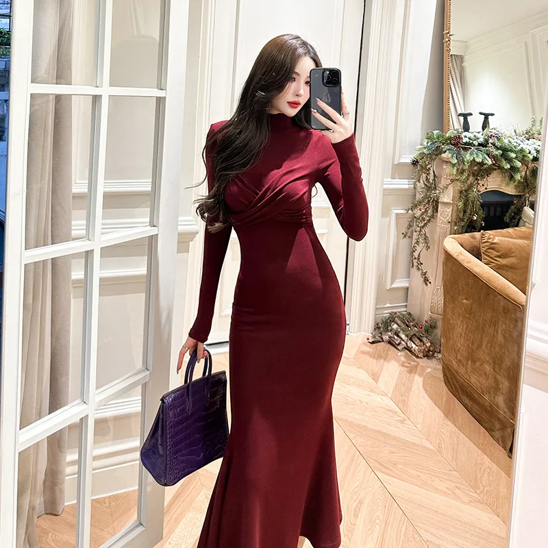 Women's Dress Spring Autumn Solid O-neck Retro Long Sleeves and Slim Fit Sexy Dress Long Sleeve Temperament Elasticity Dresses