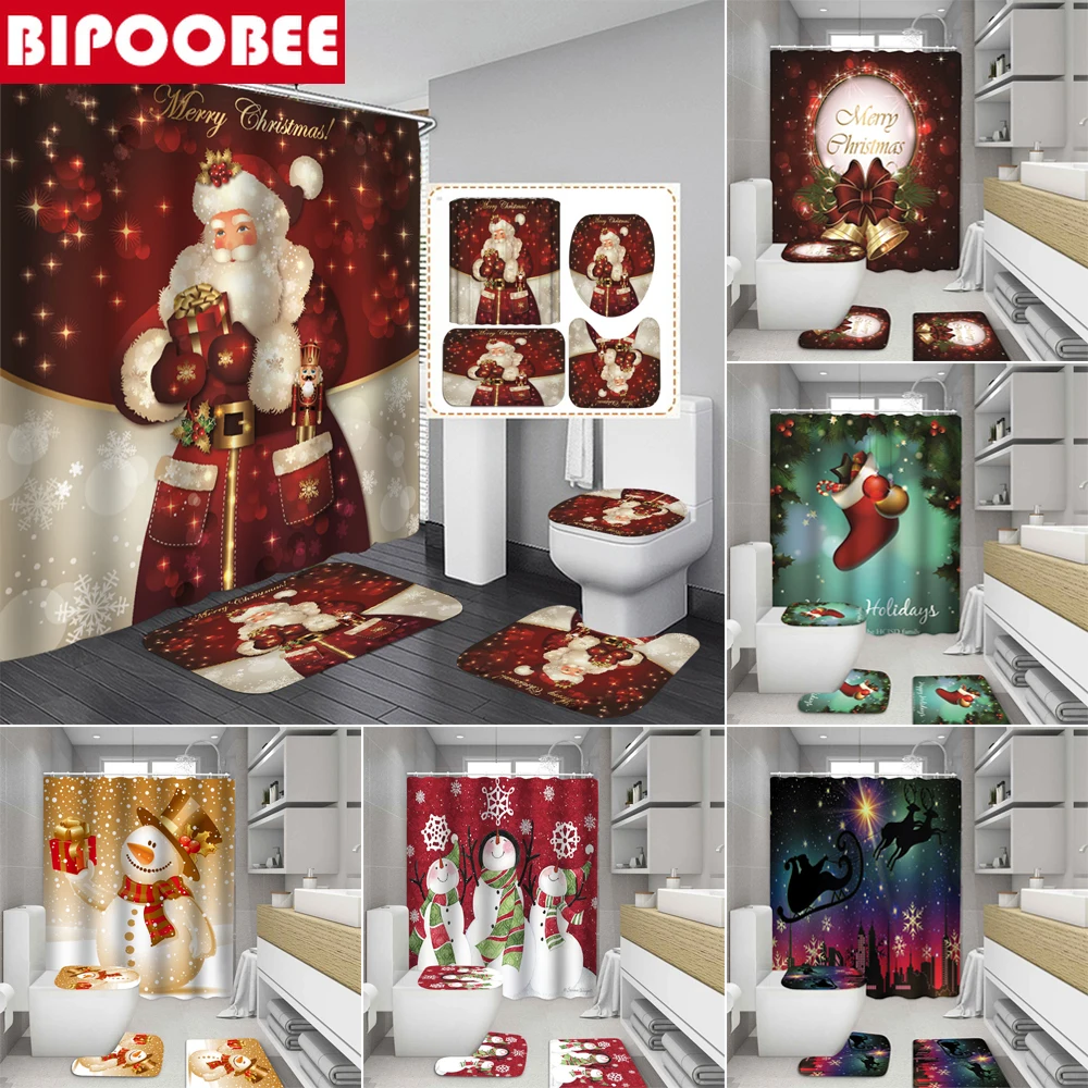 

Рождественский комплект для ванной комнаты, водонепроницаемые шторы для душа с рисунком снеговика, яркого лося, чехол для унитаза, нескользящий коврик