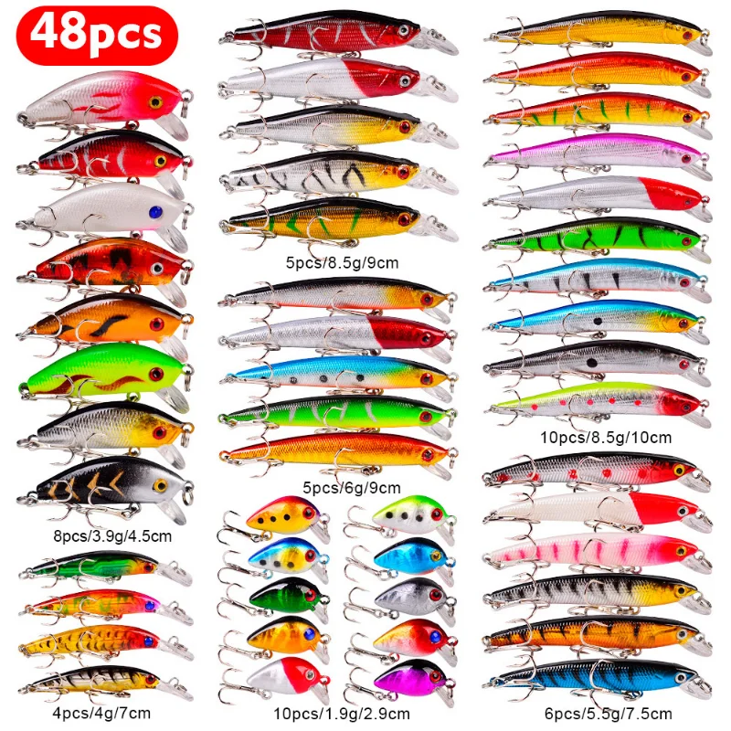 

48pcs/set Floating Fishing Lure Set Minnow Popper Crank Fishing Bait Suit Plastic Bionic Baits with Hook for Sea Reservoir Pond