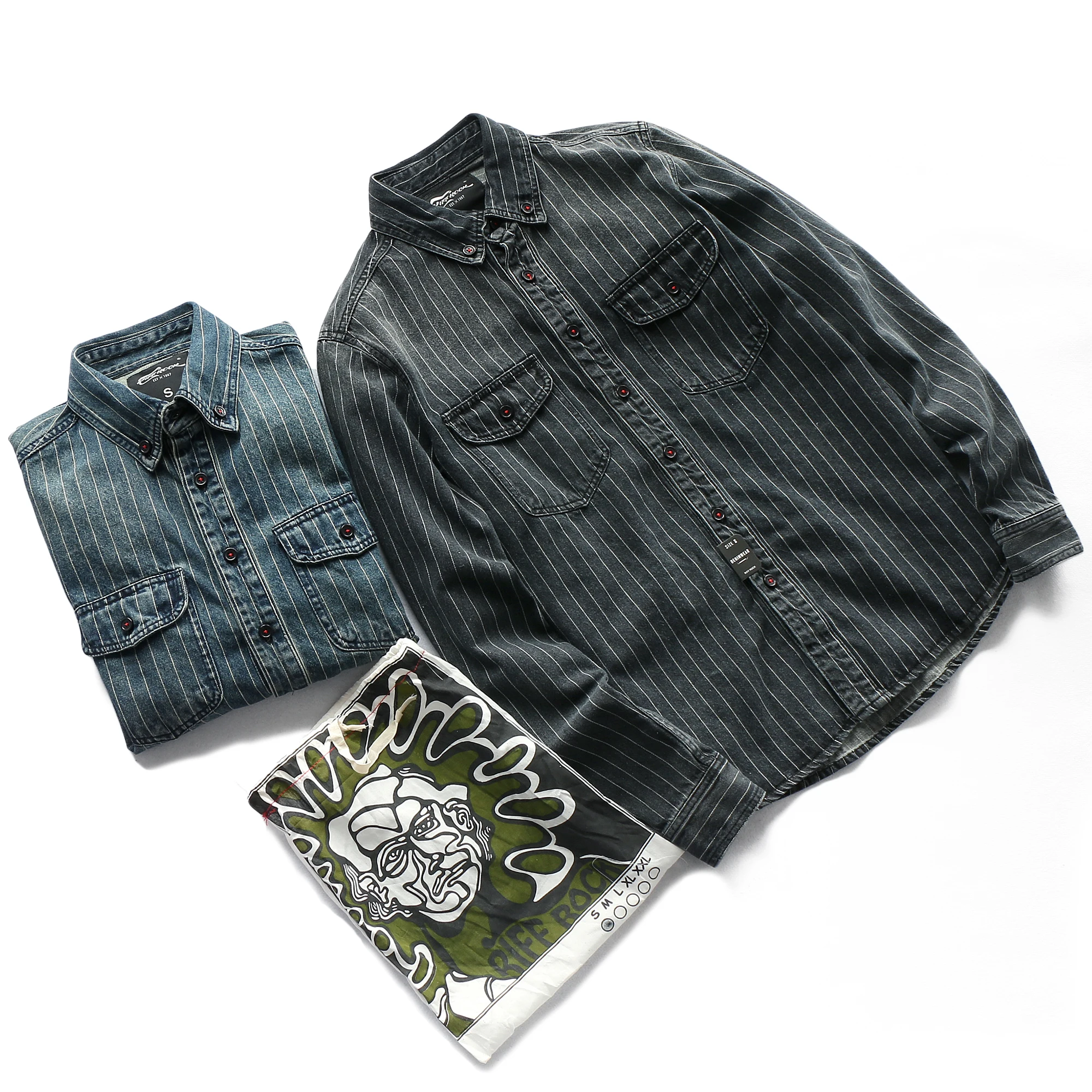 

European and American Retro Thick Denim Tooling Stripe Shirt Men's Fashion Pure Cotton Washed Old Casual Blouses Thin Jacket