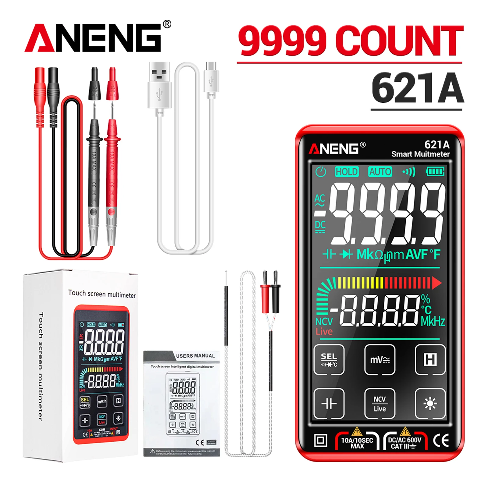 Цифровой мультиметр ANENG 621A с сенсорным экраном 9999 отсчетов Автоматический