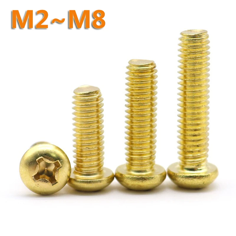 

GB818 M2 M2.5 M3 M4 M5 M6 M8 Copper Phillips Machine Screws Brass Round Pan Head Screws DIN7985 Metric Thread Cross Recess Bolt