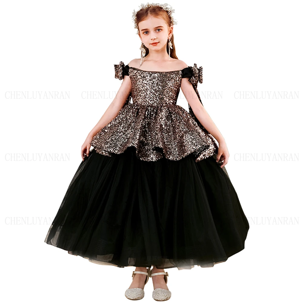 

Sparkle Black Flower Girl Dress Real Picture A-Line Girls Princess Wedding Party Dress Off-Shoulder First Communion Gown Dresses