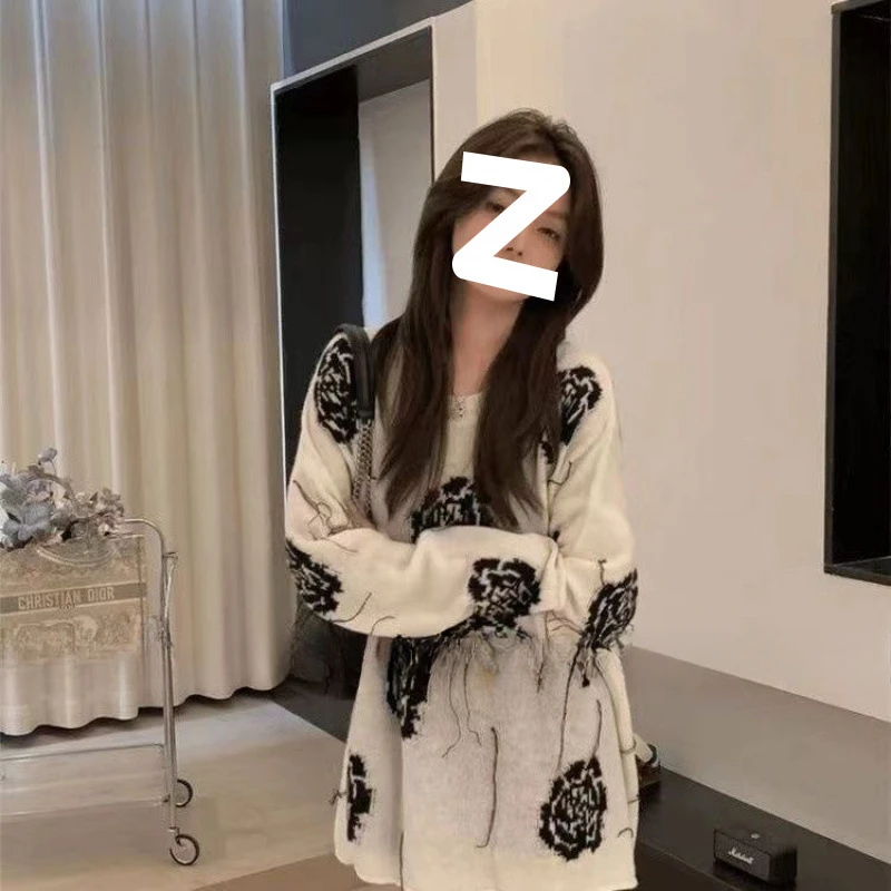 2024 новый винтажный корейский свитер с вышивкой розы для женщин осенний вязаный