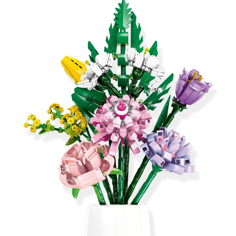 

Bouquet Lilac Rose Camellia Daffodil Tulip Building Blocks Artificial Flower Immortal Flower Girls Toys Pot Plants Women Gift