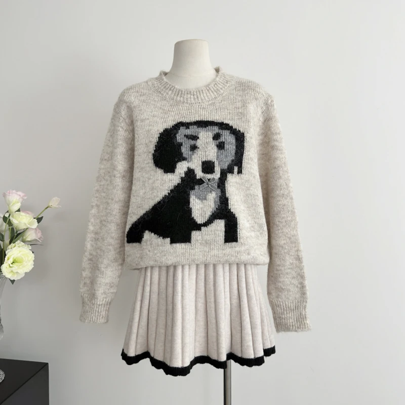 LUZHEN 2024 новый модный милый узор собаки стиль свободный вязаный пуловер женский