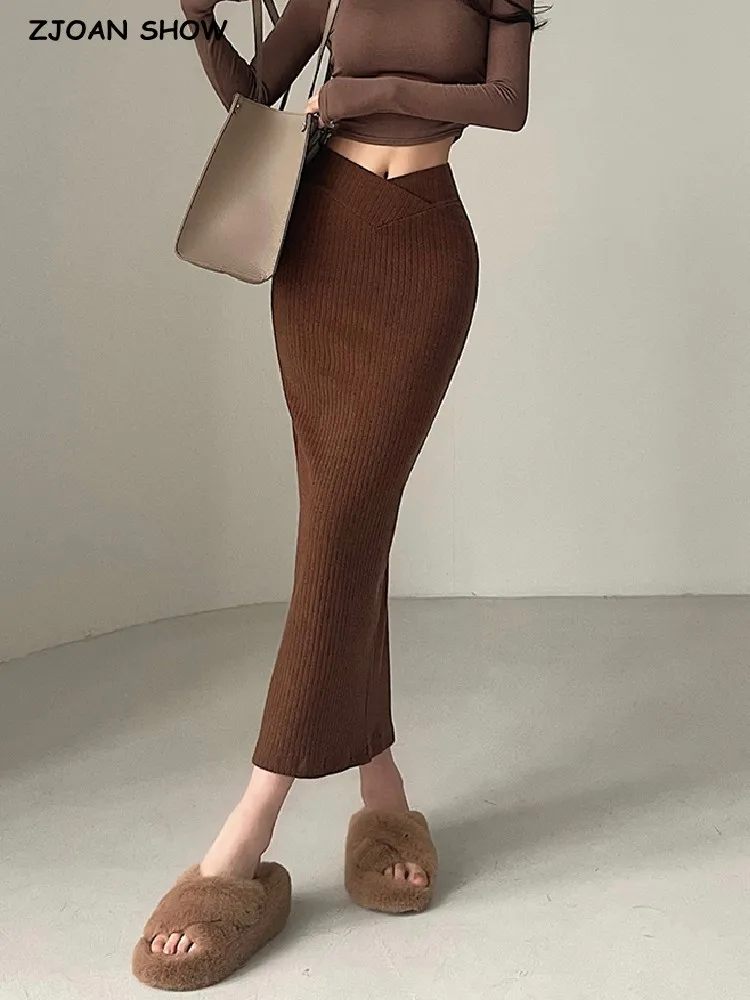 

2023 Reto American style Elastic V High Waist Midi Skirt Sexy Women Ribbed Stretch Tight Package Hips Back Silt Skirts