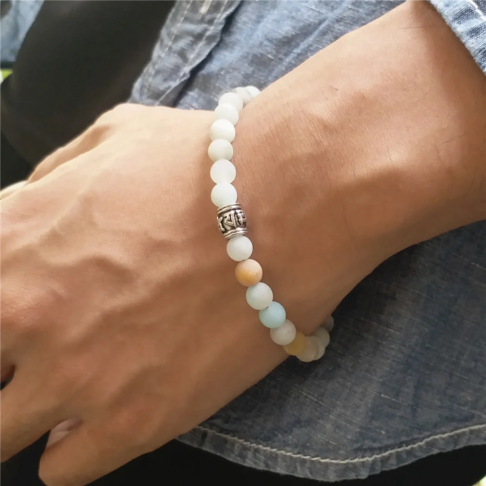 

Tibetan Buddhist Zen Amazonite Beads Bracelet Natural Stone Buddha Mantra Mala Healing Energy Wristband Positivity Bracelets 6mm