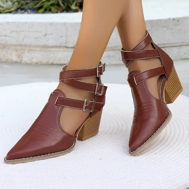 Sandalias informales de punta estrecha para mujer botines tacón alto zapatos cómodos cuero suave que combinan con todo
