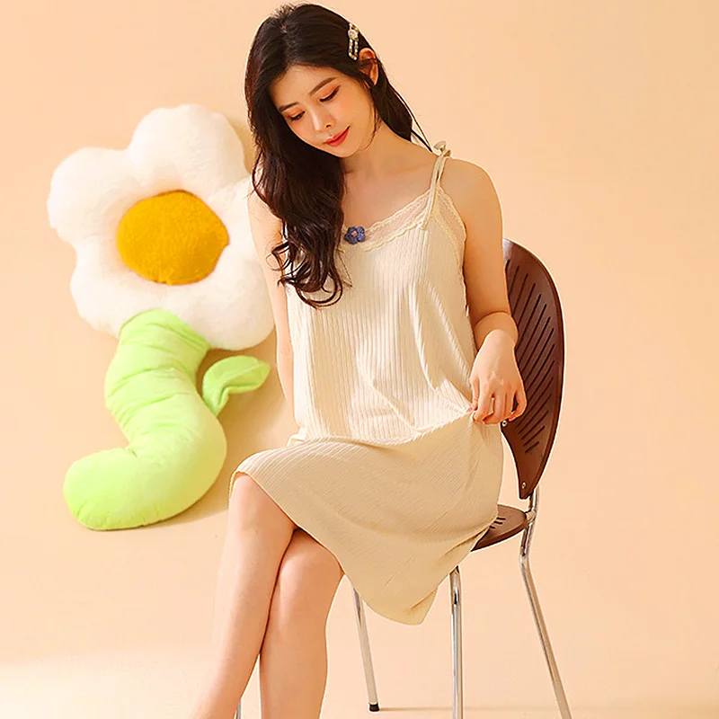 Women Summer Flower Decor V-Neck Lace Stitching Spaghetti Strap Ice Silk Nightgown Sling Night Dress Nightdress Sexy Lingerie