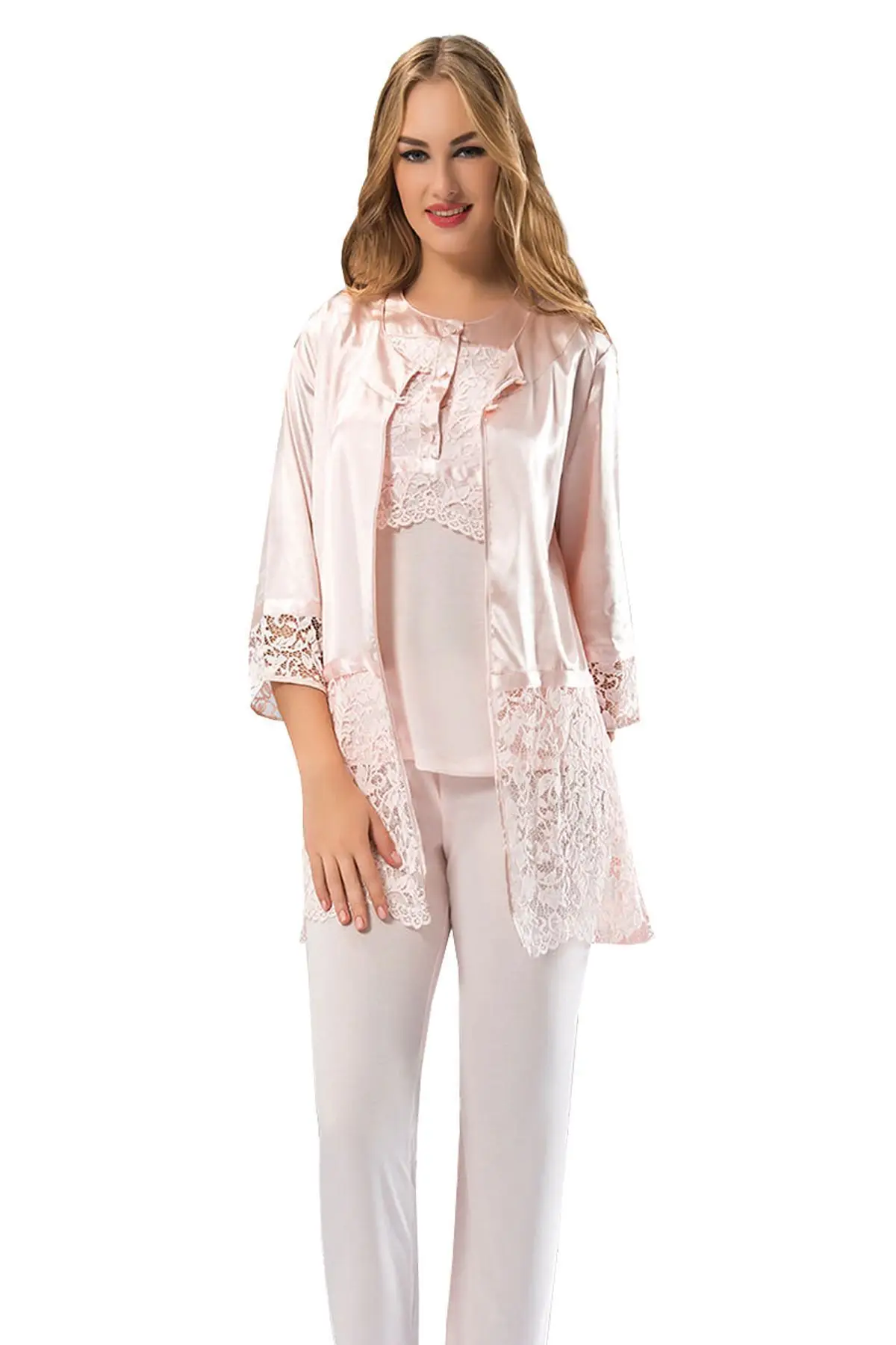 

Satin Dowries Pajamas set women home clothing suit plus top dressing gown lace detail elegant design set