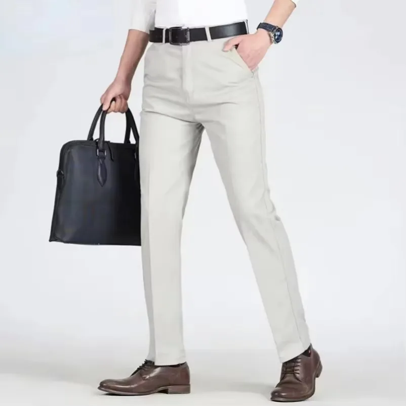 Summer Thin Cotton Pants Mens Autumn Thick Suit Pant Slacks High Waist Straight Loose Bland Solid Business Casual YYQWSJ