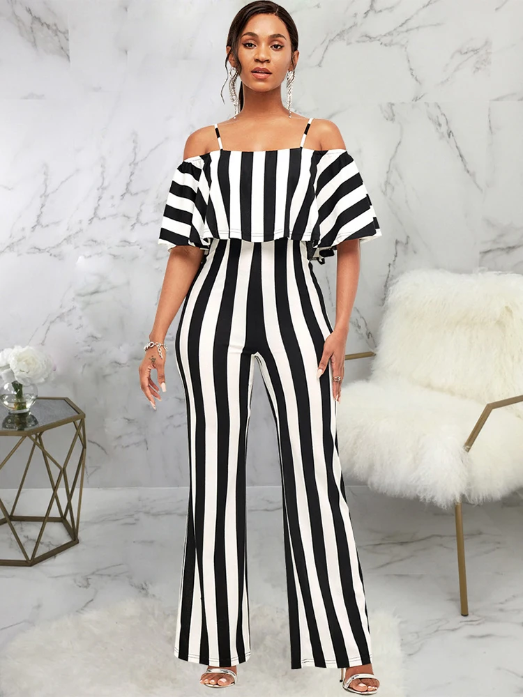 

Комбинезон женский полосатый с открытыми плечами, Элегантный Модный классический ромпер с открытыми плечами, цвет черный/белый