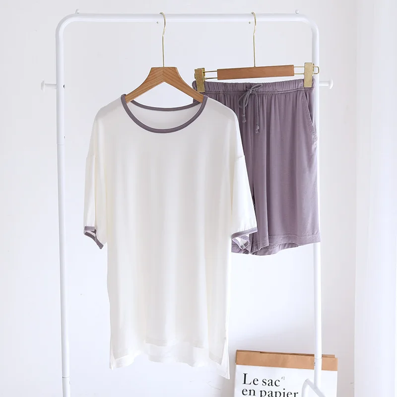 Contrasting Colors Modal HomeWear Women Summer Pullover Great Elasticity Thin Short Sleeve Shorts Loose Wear Out Bottoming Suit