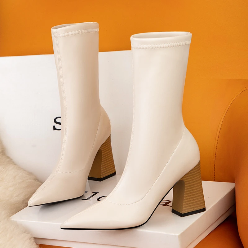 2022 New Winter Women Ankle Boots High Crystal Heel Pointed Toe Solid Fashion Sexy Ladies Women Shoes Black Short Boots Female