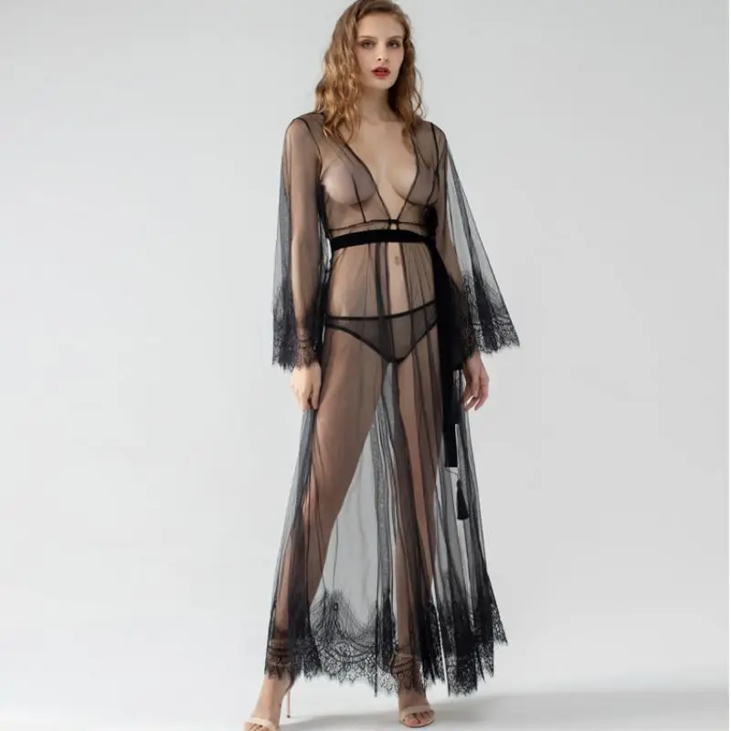 

Vintage Nightgowns Eyelash Lace Gauze Long Sleepwear Night Dress Home Wear Mesh Temptation Transparent Nightdress Sleepdress