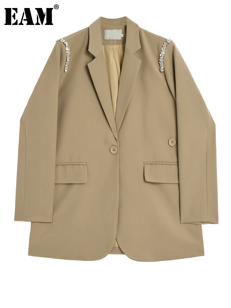 

[EAM] Женский Повседневный блейзер цвета хаки, стразы, новинка, с отворотом, длинный рукав, свободный крой, модная куртка, весна-осень 2023 1DE8360
