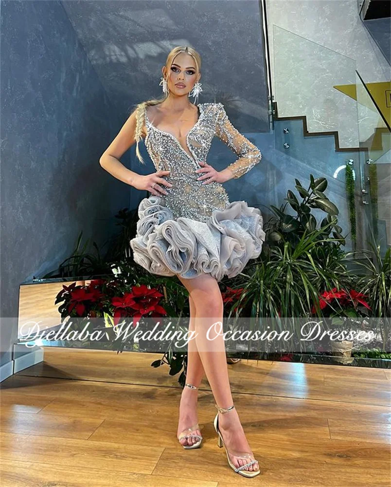 

Luxury Beaded Lace Mini Cocktail Dresses 2023 One Shoulder Ruffles Short Prom Dresses Sexy Celebrity Party Gowns Robe De Bal