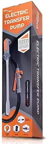 

[10 Ft Extended Length Discharge Hose] D Battery Powered Fuel Transfer (2.4 Gallons Per Minute) Manual Locking Lever Control No