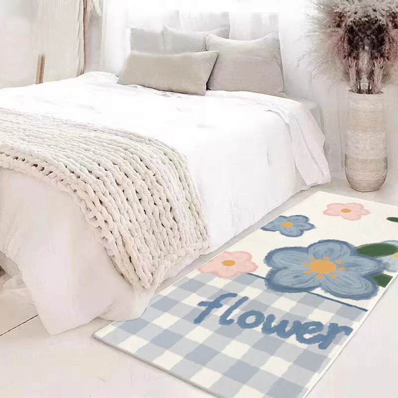 

Chic Grids Bedroom Carpet Fluffy Long Bedside Carpet Floor Mat Bathroom Rug Anti Slip Foot Pad Aesthetic Home Room Decor