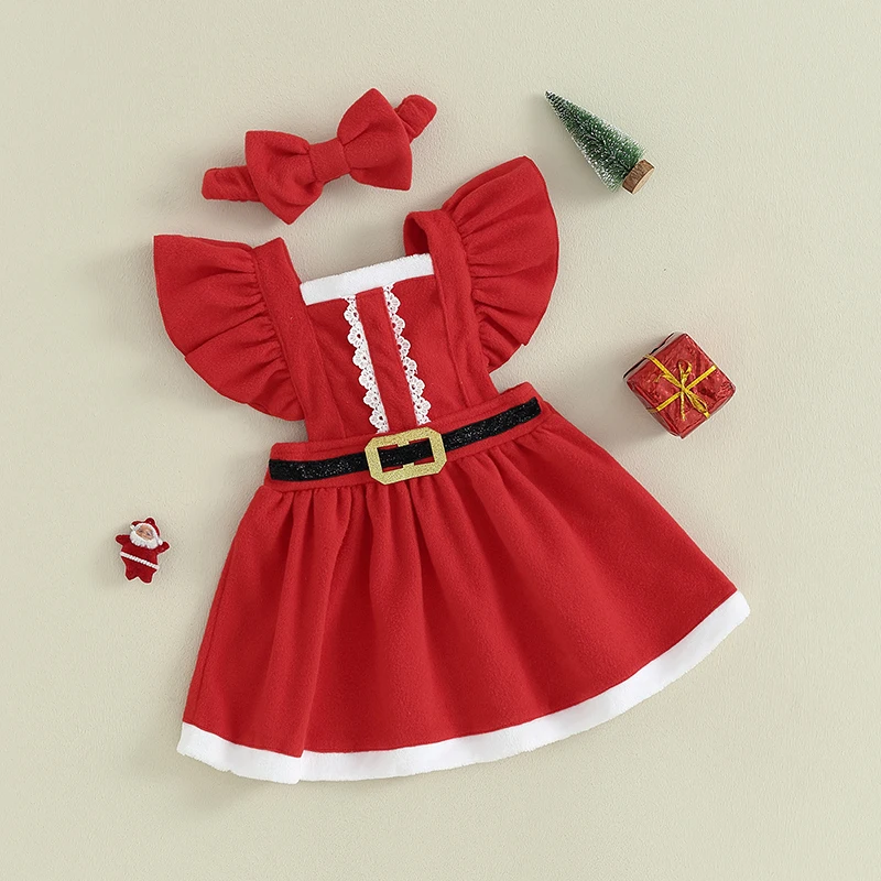 

Toddler Girls Christmas Dress Ruffle Sleeve Belt Front Dress with Headband Baby Santa Outfit