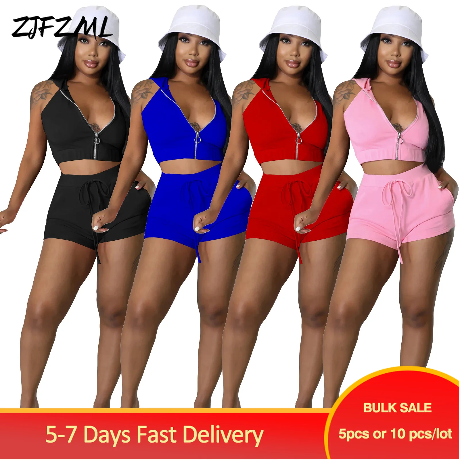 

Bulk Items Wholesale Lots Casual Women's Sweatsuits Summer Workout Outdoor Outfits Hipster Zipper Up Hooded Tops+running Shorts