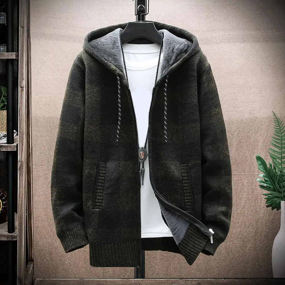 Мужской клетчатый зимний свитер с капюшоном кардиган толстый плюшевый принт