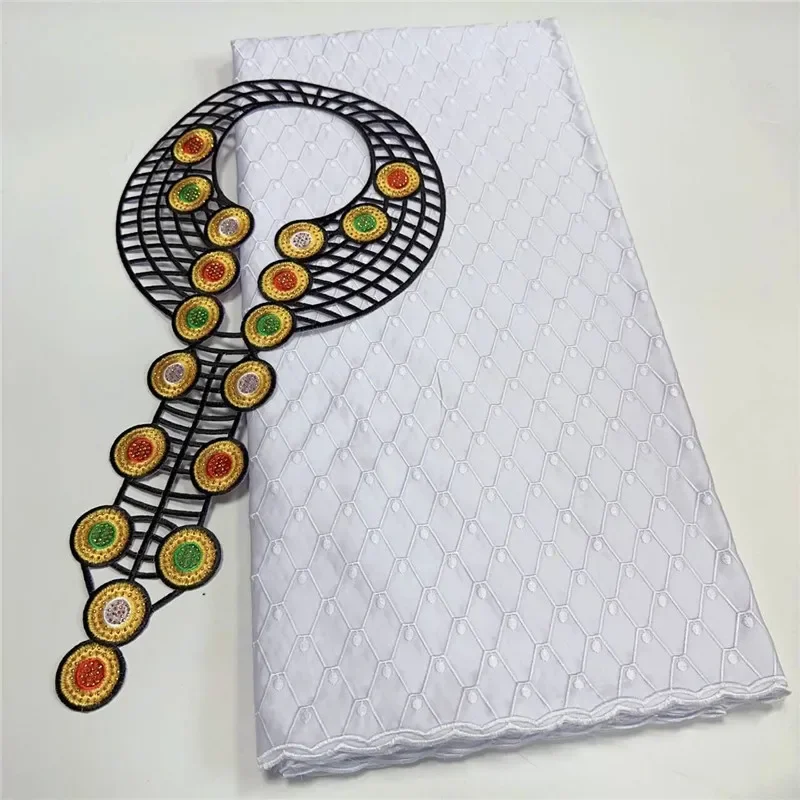 

5 Yards Nigerian 100% Cotton Polish Satin Embroidery Fabric With collar High Quality Swiss Voile Lace For woman Dubai Style YL11
