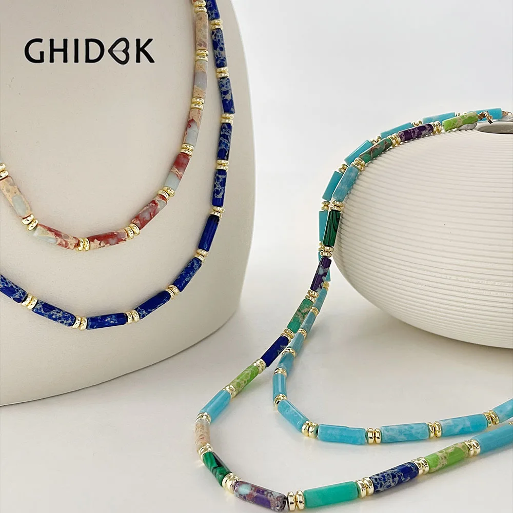 

Ghidbk Handmade Boho Cube Cylinder Column Bar Natural Stone Necklace for Women Mix Strip Gem Beads Strand Necklace Jewelry