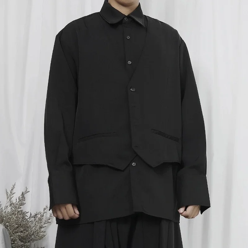 Large Men's Autumn Trend Fake Two Niche Designer Sewn Vest Loose Long Sleeved Shirt