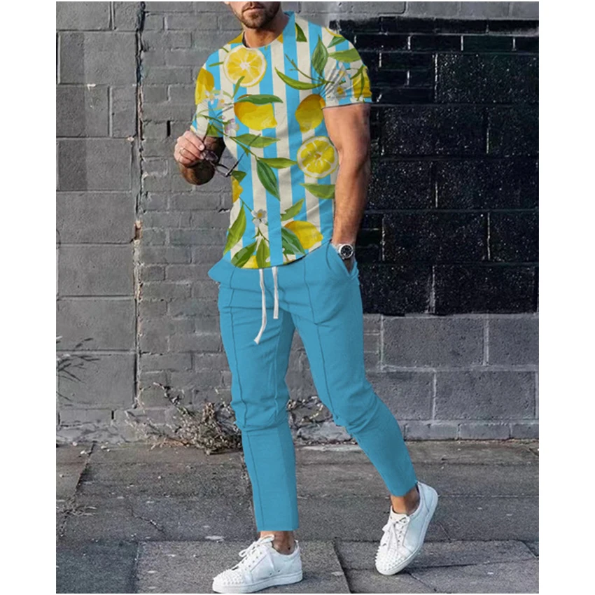 2023 Summer New Men Tracksuits Fashion Lemon 3D Printed Short Sleeve T Shirt +Long Pants 2 Piece Sets Sportswear Male Clothing