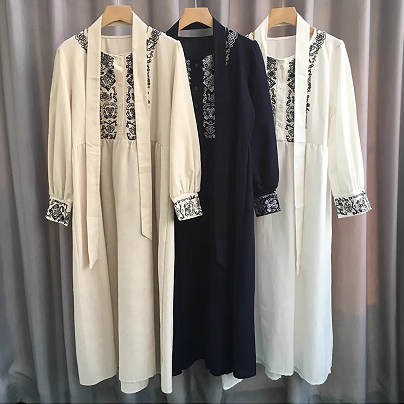 Марокканское хлопковое льняное платье с вышивкой и поясом Abaya макси для женщин