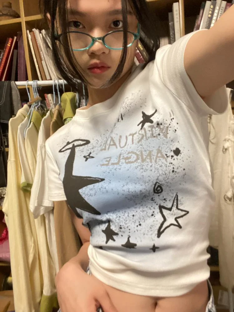 

2023 Fashion Star Print Summer Streetwear T-shirts Casual O Neck Slim Grunge Crop Top Women Short Sleeve Sexy Y2k Aesthetic Tees