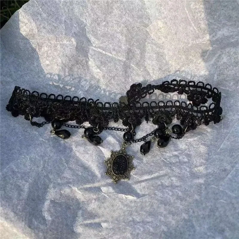 Винтажное классическое готическое кружевное колье для женщин черный кулон с