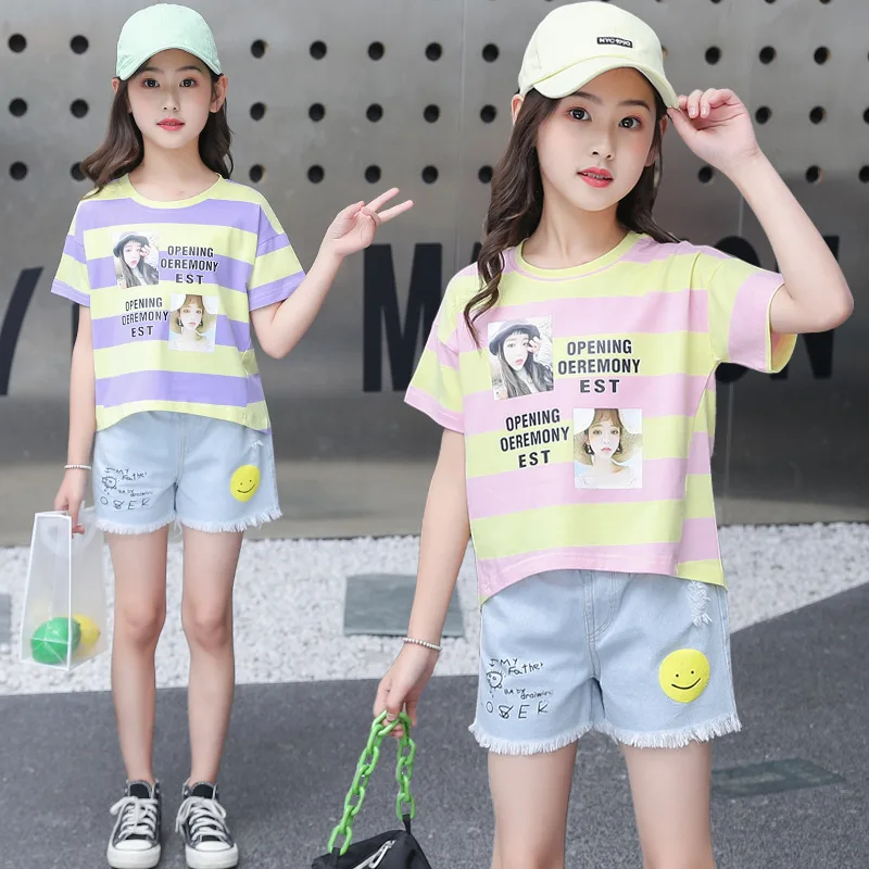 

kids Baby sexy Girls clothes sexy teenager Vertical stripes T shirt + hot jeans Shorts pants 3 4 5 6 7 8 9 10 11 12 years