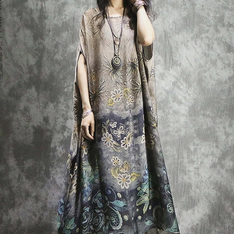 

Big brand cut logo women's authentic ethnic style vintage print loose silk temperament dress summer