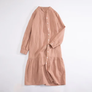 Spring Autumn Women Basic Loose Comfortable Natural Breathable Water Washed 14*14 Linen Long Shirt Dresses