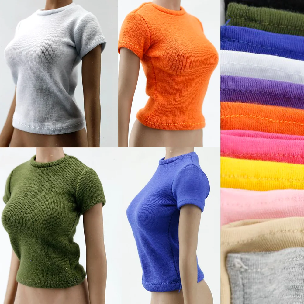 

11Color 1/6 Women Soldier T Shirt O Neck Fashion Solid Color Slim Short Sleeve Tee Tops For 12 Inches Action Figure Body
