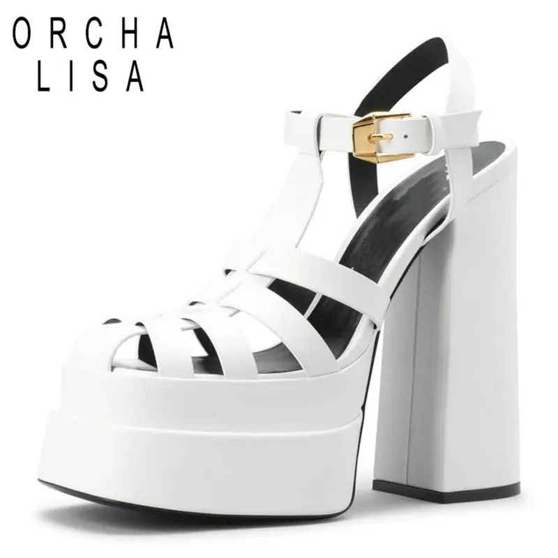 

ORICH LISA Women Sandals Round Toe Platform Block High Heels 14.5CM Checkered Strap Rome Big Size 34-43 Black White Summer S3560