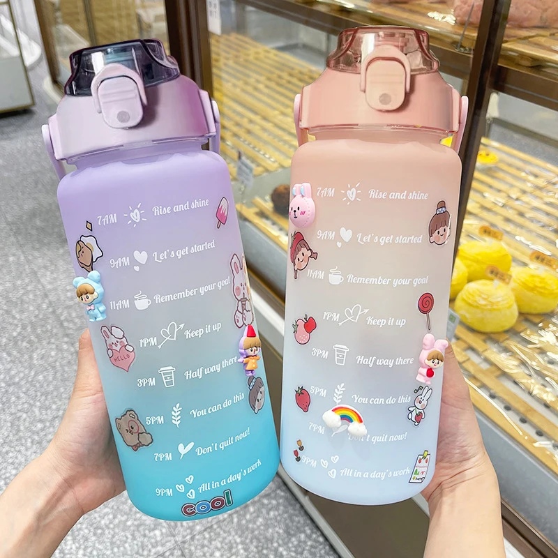 

2 Liter Water Bottle for Girls Kawaii Water Bottle for Children Straw Cup with 3D Stickers Sports Fitness Cups School Drinkware