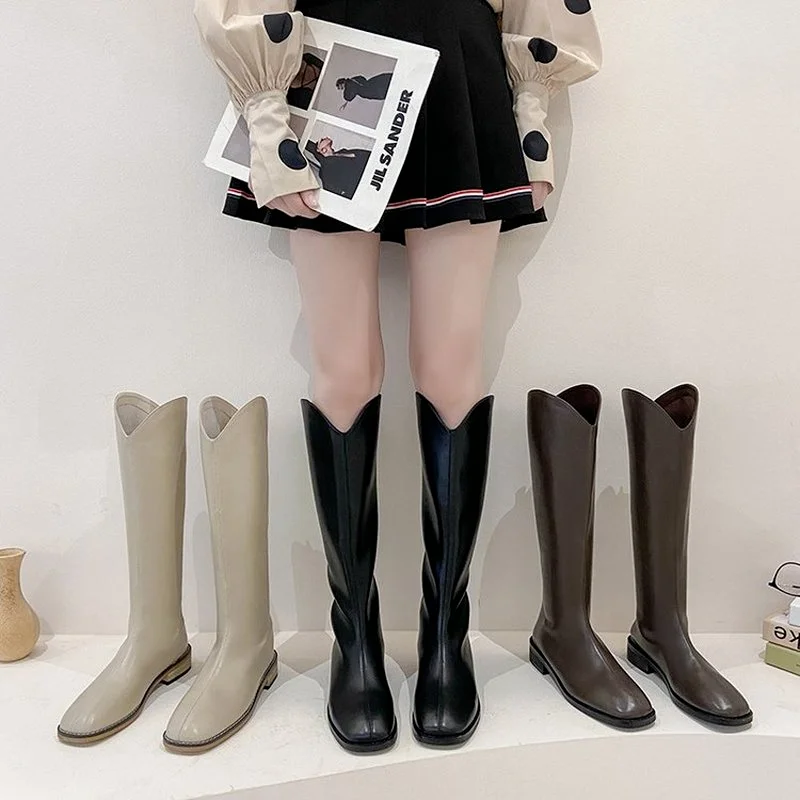 

Fashion Leather Ladies Knee High Boots Spring Autumn Pointed Toe Zipper Shoes Low Heel Plus Velvet British Style Knight Boots