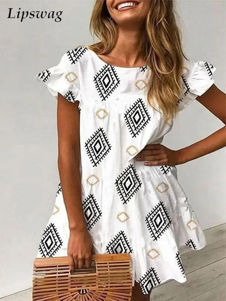 

Модное пляжное платье-трапеция с геометрическим принтом, элегантное женское вечернее платье с круглым вырезом, летнее повседневное мини-пл...