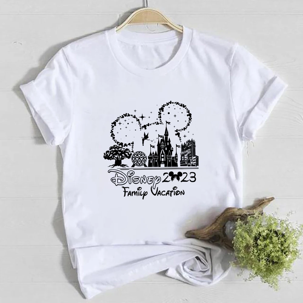 

Disney 2023 T Shirt Women Fashion Simple Style Mickey Little Town Print Aesthetic Clothes O-neck White Basic Tops Free Shipping