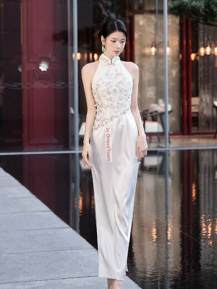Фото Белое свадебное платье для банкета Cheongsam, азиатское платье для тостов невесты, элитное летнее утягивающее платье в стиле ретро для большого моря, китайское TP089 №3