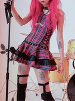 houzhou harajuku punk plaid mini dress women grunge hollow out drawstring bandage spaghetti strap pink dress gothic streetwear
