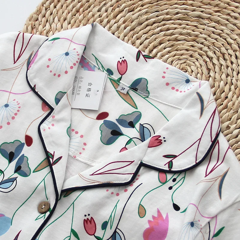 Ladies Pure Cotton Simple Floral Loose Pajamas Cover Printing Long-sleeved Home Service Two-piece Set Pyjamas Women