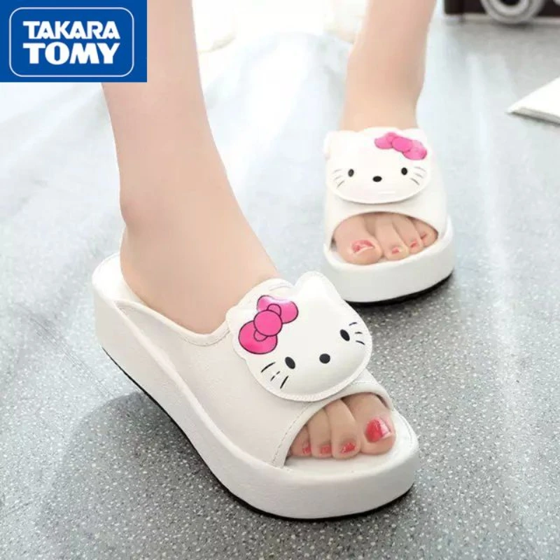 

TAKARA TOMY Hello Kitty Summer PU Thick Bottom Women's Non-slip Slippers Wear-resistant Sweet and Cute Muffin Mid-heel Shoes