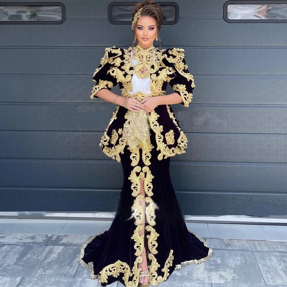 

Gorgeous Arabic Dubai Formal Prom Dress فساتين مناسبة رسمية 2023 Gold Appliques Caftan Muslim Evening Dresses Women Party Gowns