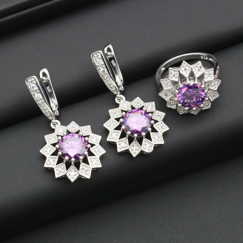 Женский ювелирный комплект колье и браслет с подвеской из серебра фиолетовым